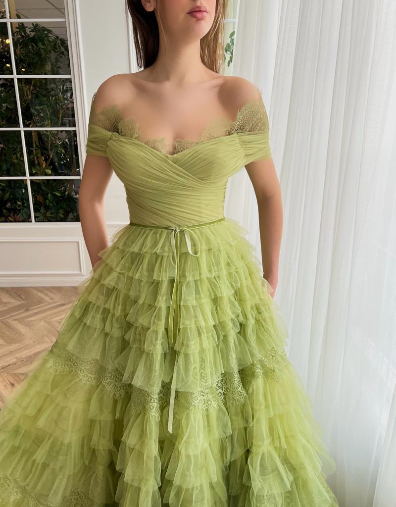 Green A-Line dress with ruffles and off the shoulder sleeves