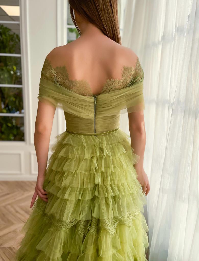 Green A-Line dress with ruffles and off the shoulder sleeves