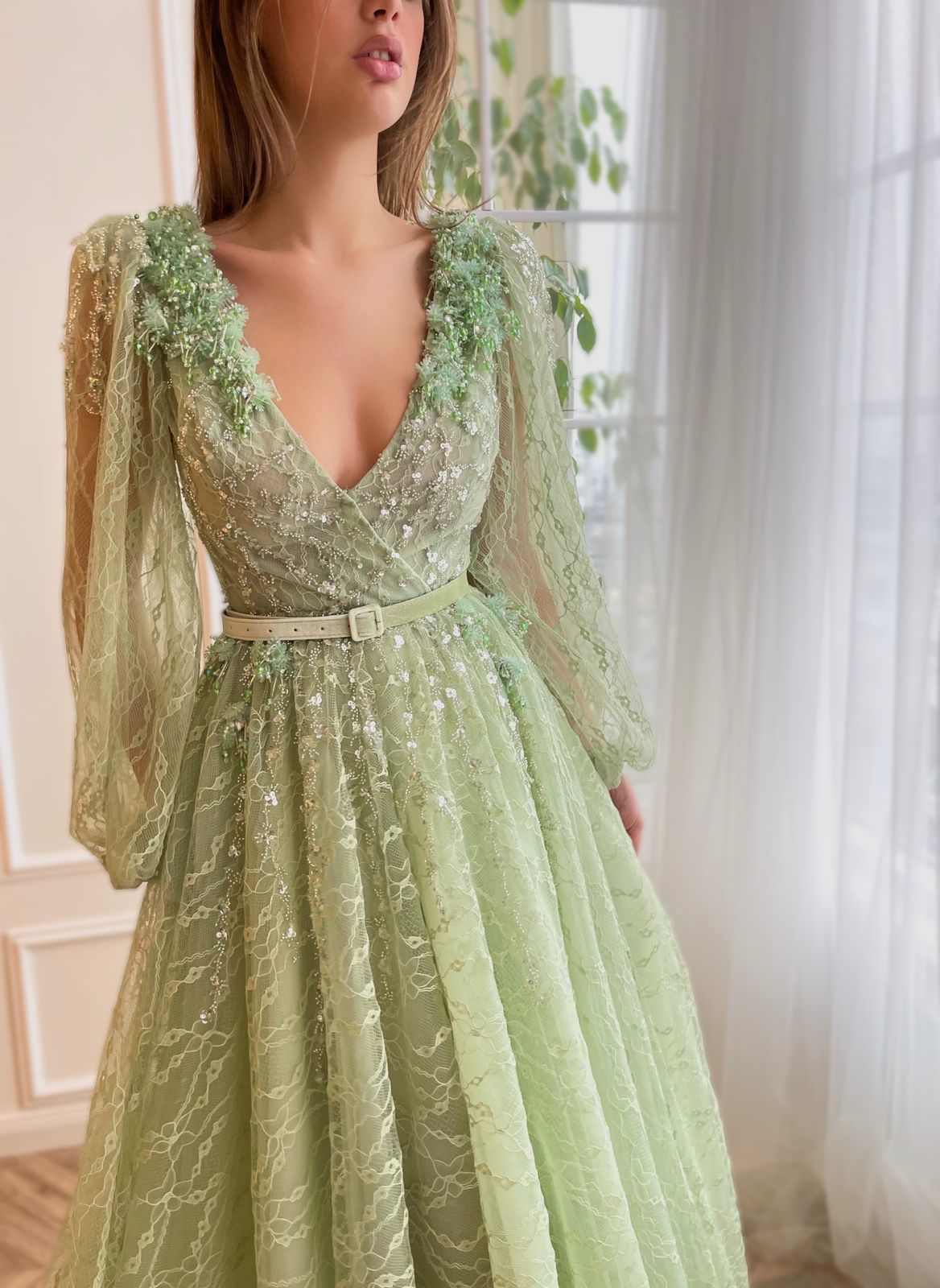 Green A-Line dress with belt, embroidery, v-neck and long sleeves
