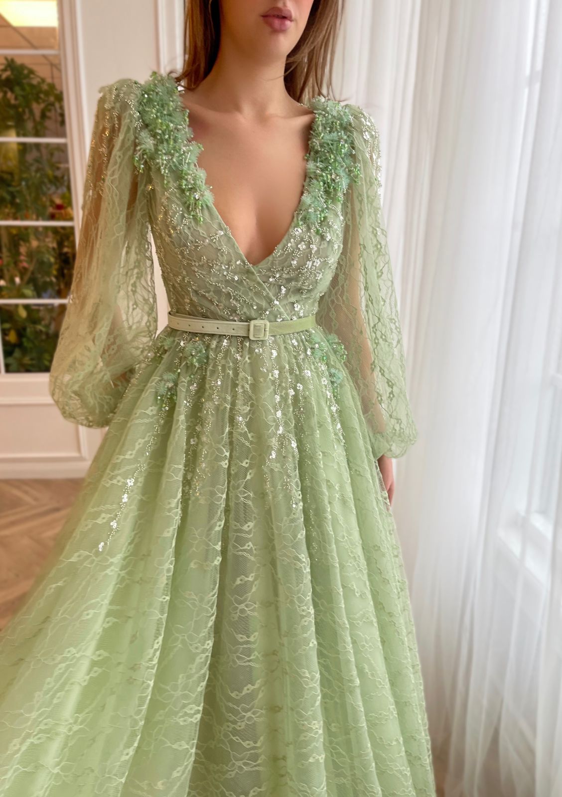 Green A-Line dress with belt, embroidery, v-neck and long sleeves
