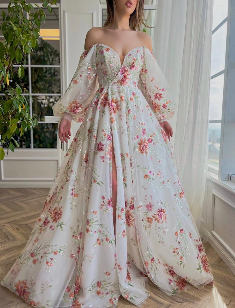 A line white bridal dress with off shoulder sleeves and embroidered flowers