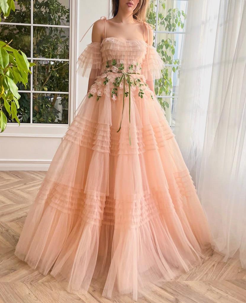 Peach A-Line dress with spaghetti straps, off the shoulder sleeves and embroidery