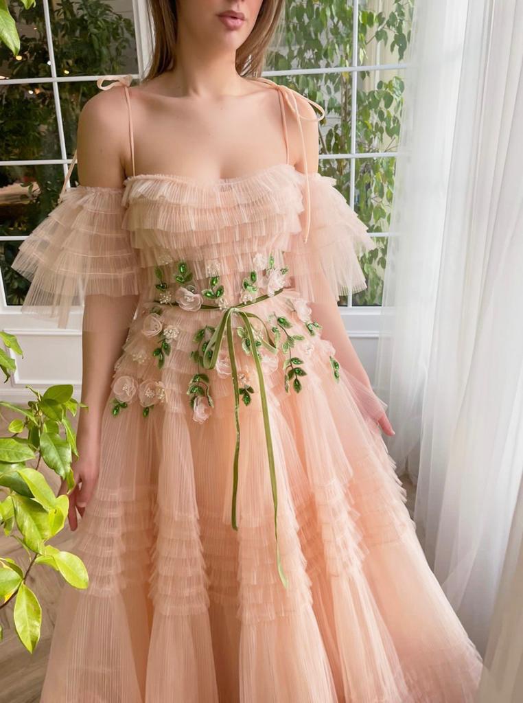 Peach A-Line dress with spaghetti straps, off the shoulder sleeves and embroidery