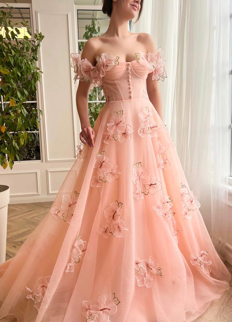 Peach A-Line dress with flowers, embroidery, off the shoulder sleeves and bow straps