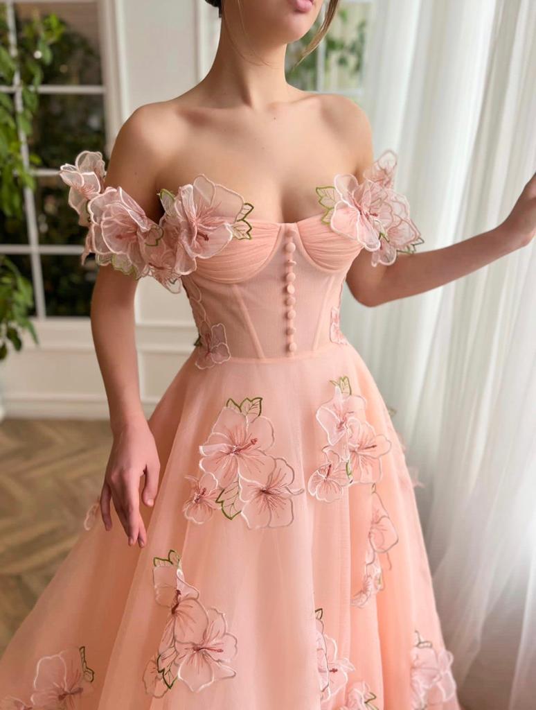 Peach A-Line dress with flowers, embroidery, off the shoulder sleeves and bow straps