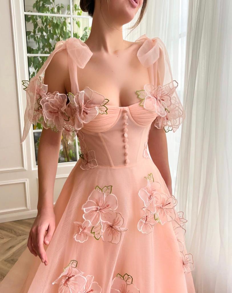 Peach A-Line dress with flowers, embroidery, off the shoulder sleeves and bow straps