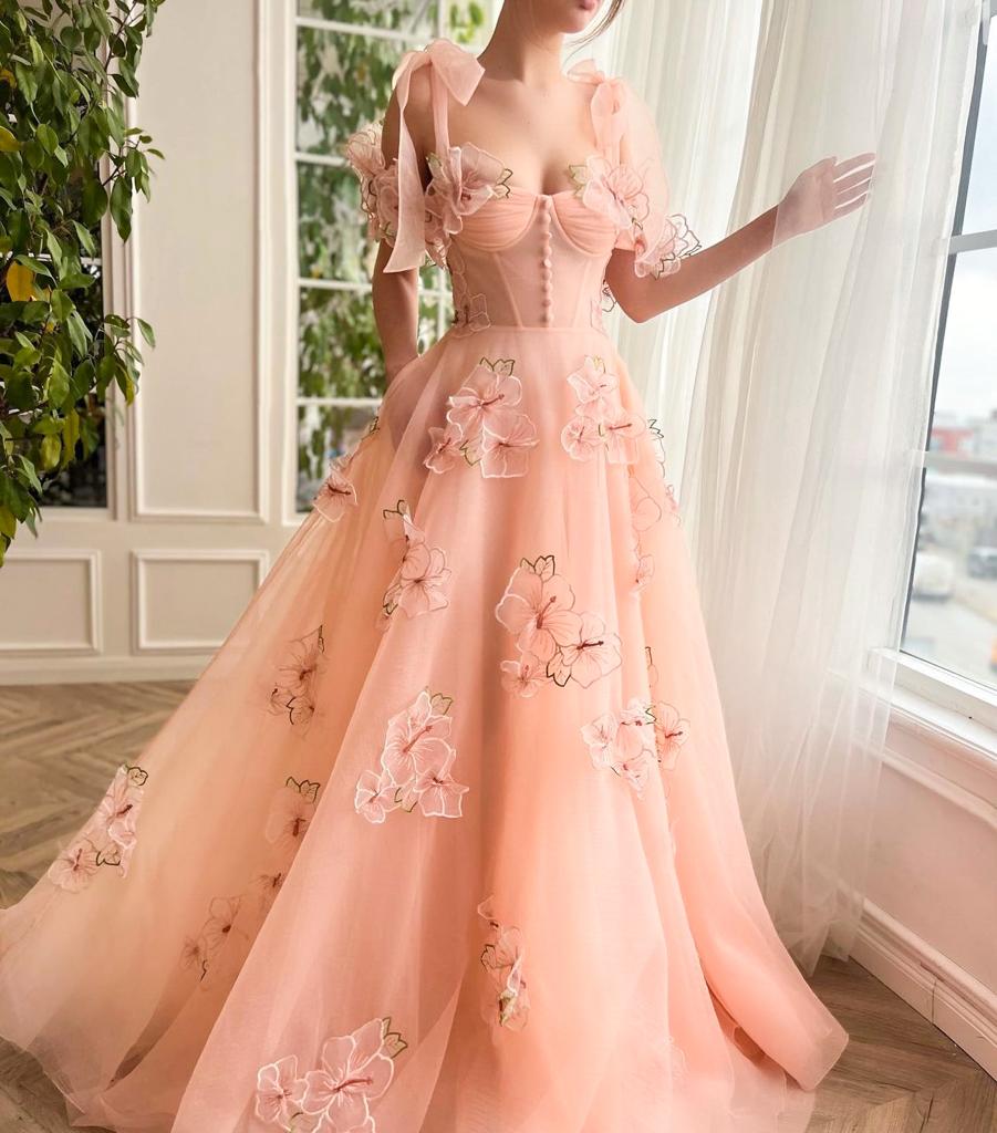 Peach A-Line dress with flowers, embroidery, off the shoulder sleeves and bow straps