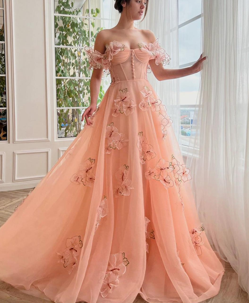 Peach A-Line dress with flowers, embroidery, off the shoulder sleeves and bow straps