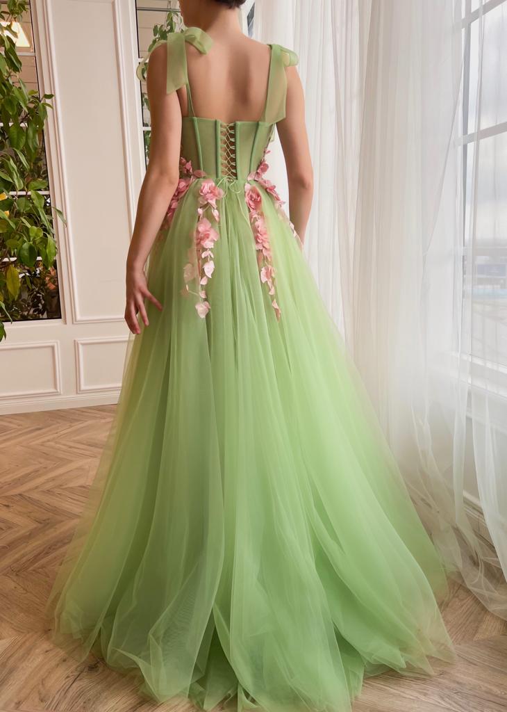 Green A-Line dress with flowers, embroidery and spaghetti straps