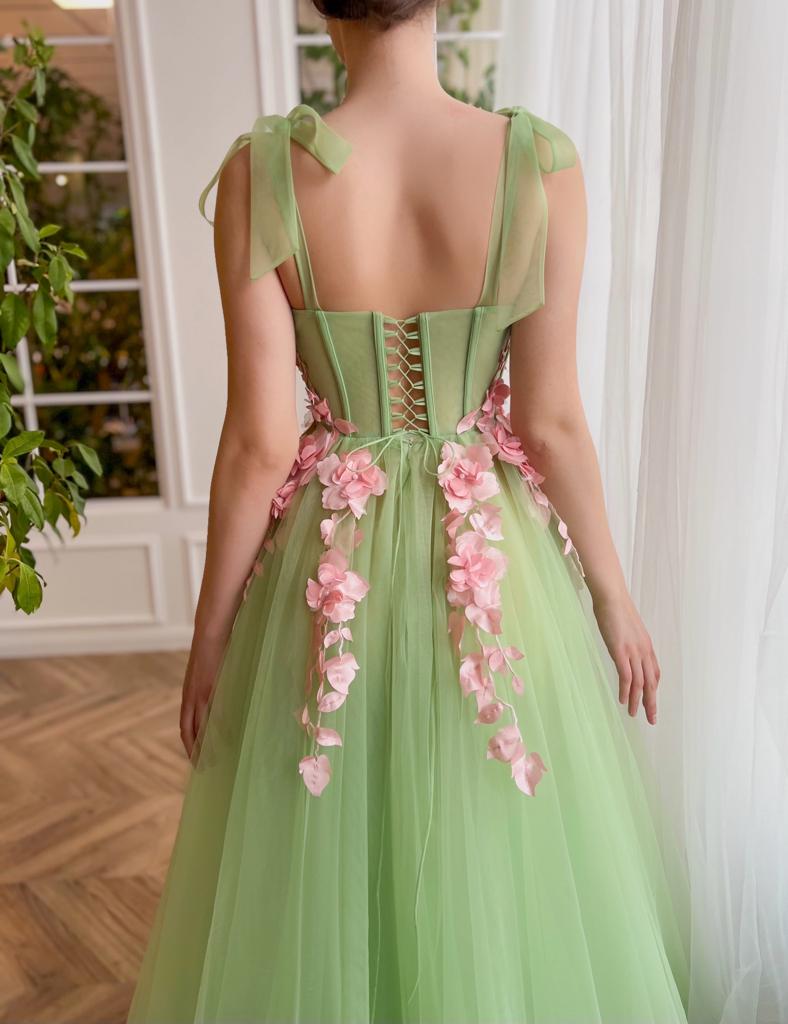 Green A-Line dress with flowers, embroidery and spaghetti straps