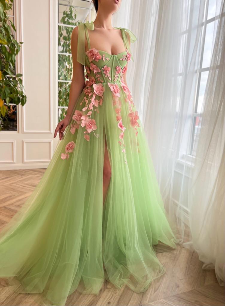 Green A-Line dress with flowers, embroidery and spaghetti straps