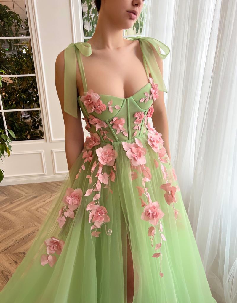 Green A-Line dress with flowers, embroidery and spaghetti straps
