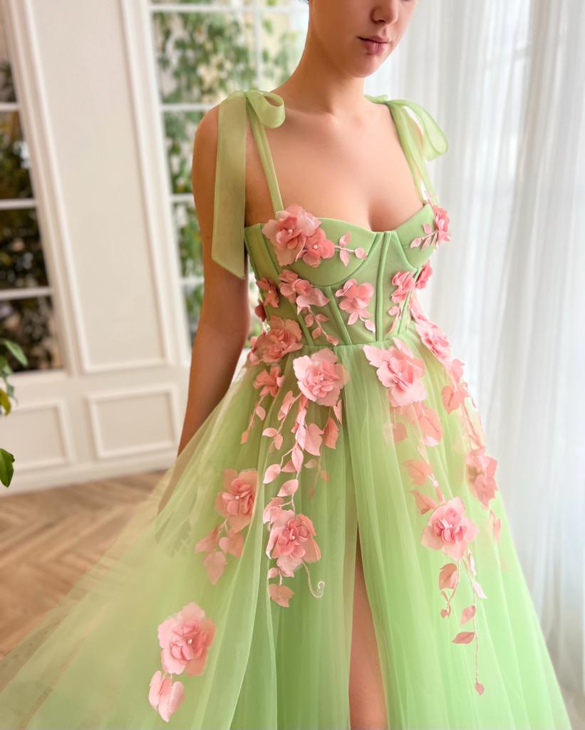 Green A-Line dress with flowers, embroidery and spaghetti straps