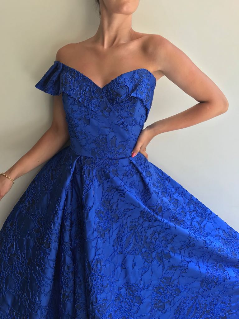 Blue A-Line dress with one off the shoulder sleeve