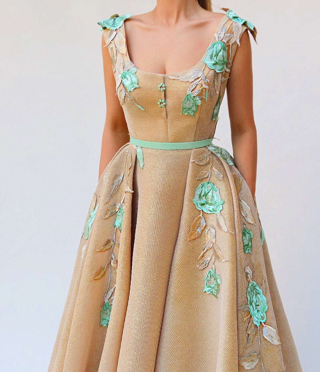 Gold A-Line dress with straps and embroidery