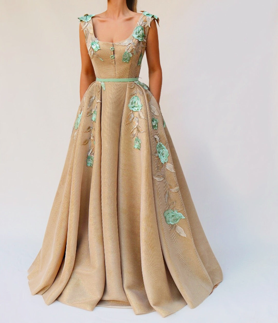 Gold A-Line dress with straps and embroidery