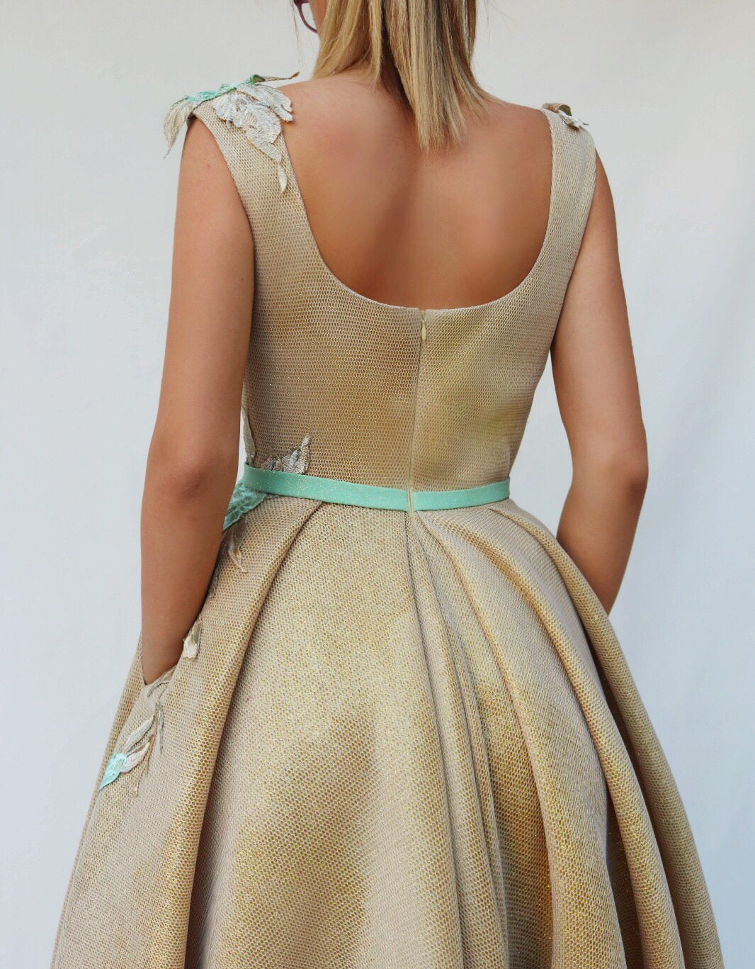 Gold A-Line dress with straps and embroidery
