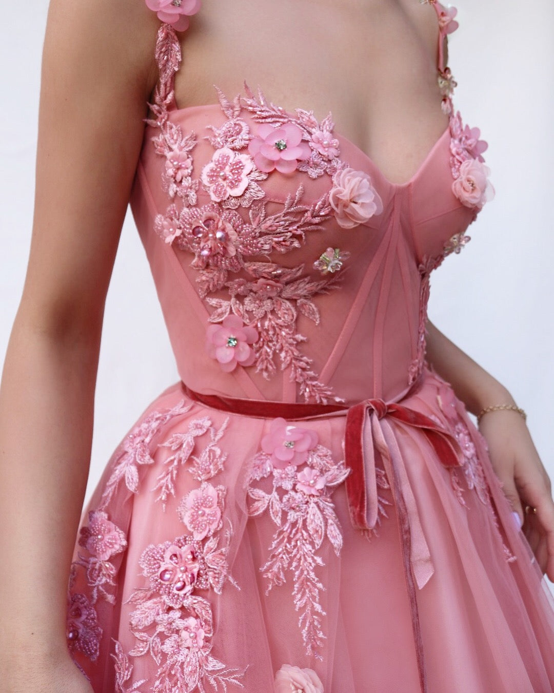 Pink A-Line dress with spaghetti straps and embroidery