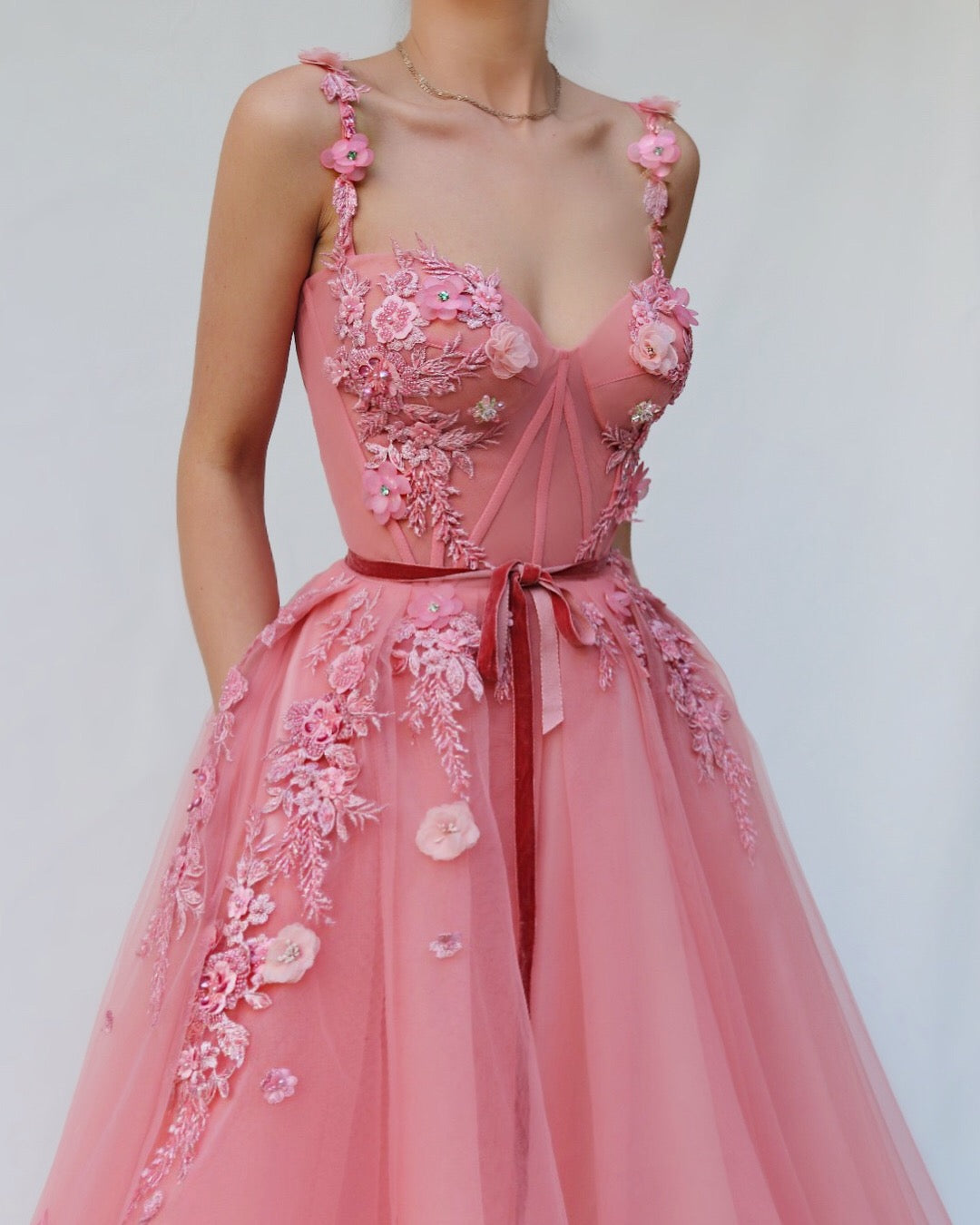 Pink A-Line dress with spaghetti straps and embroidery
