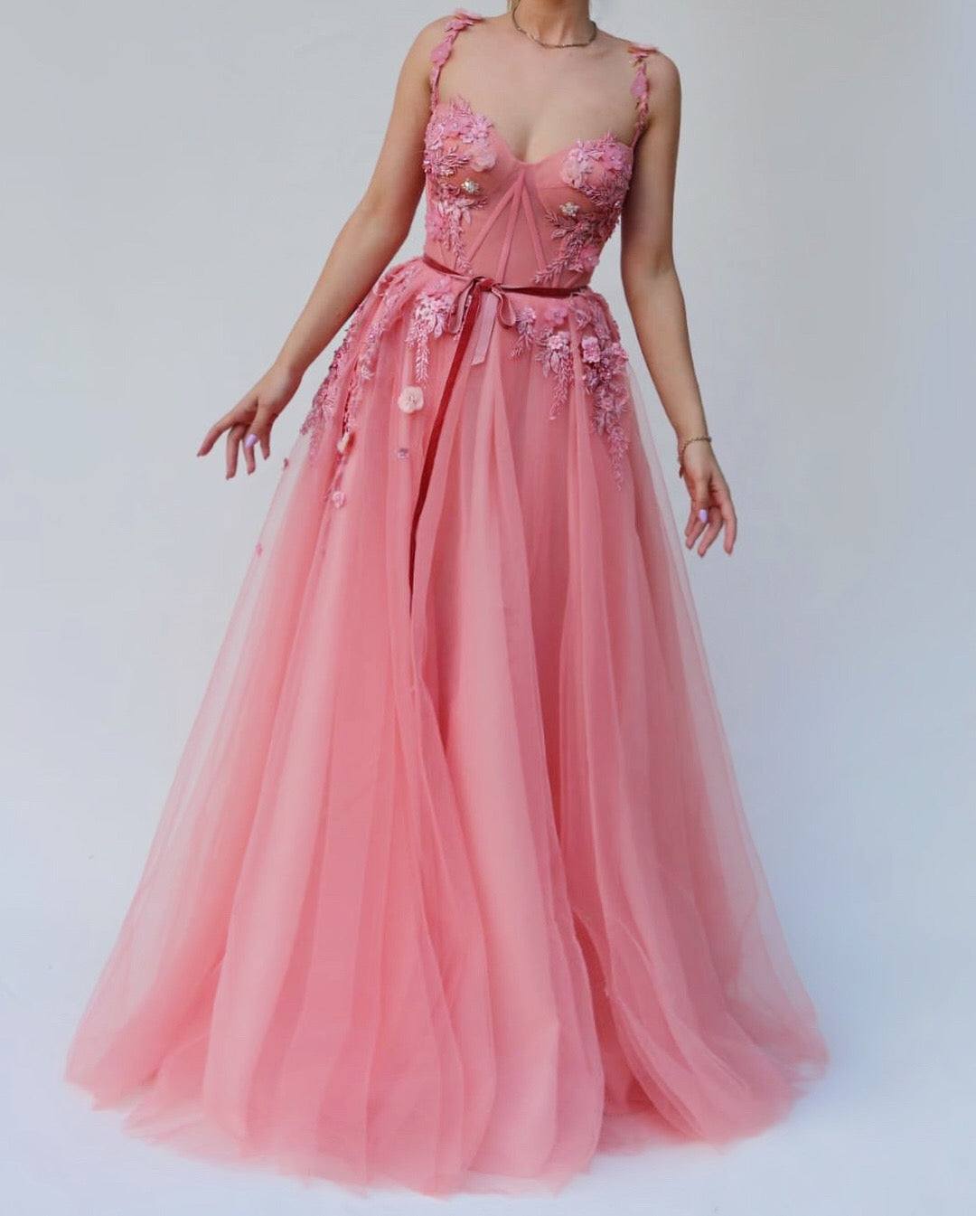 Pink A-Line dress with spaghetti straps and embroidery