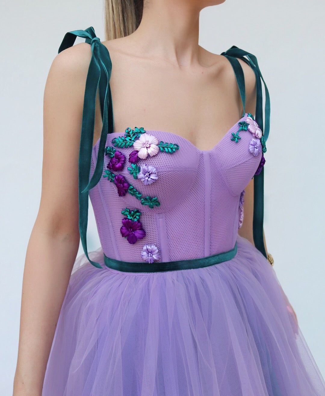 Purple A-Line dress with straps and embroidery