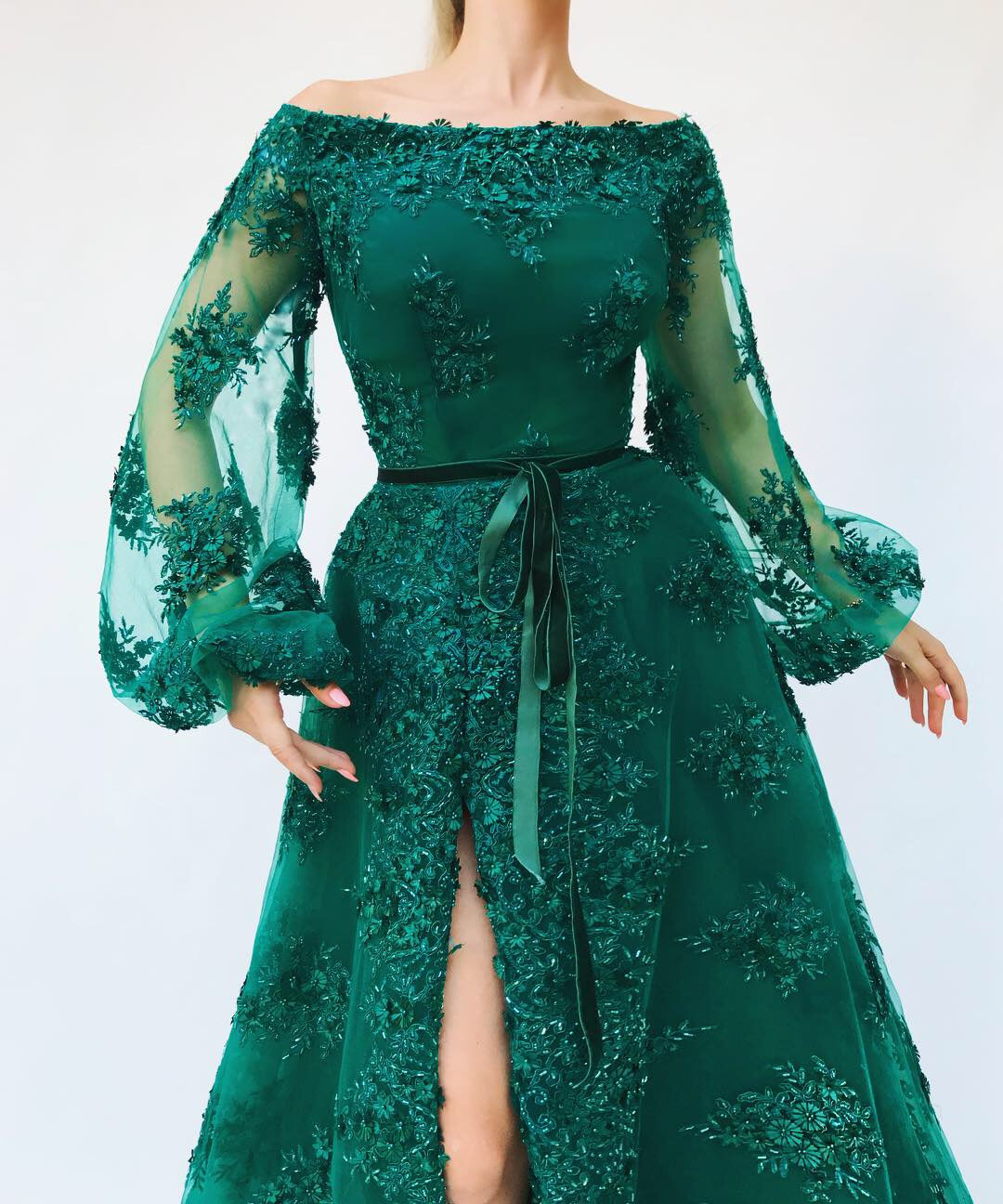 Green A-Line dress with embroidery and long off the shoulder sleeves