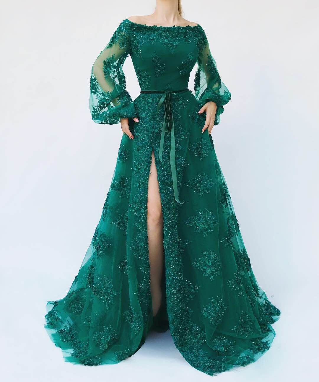 Green A-Line dress with embroidery and long off the shoulder sleeves