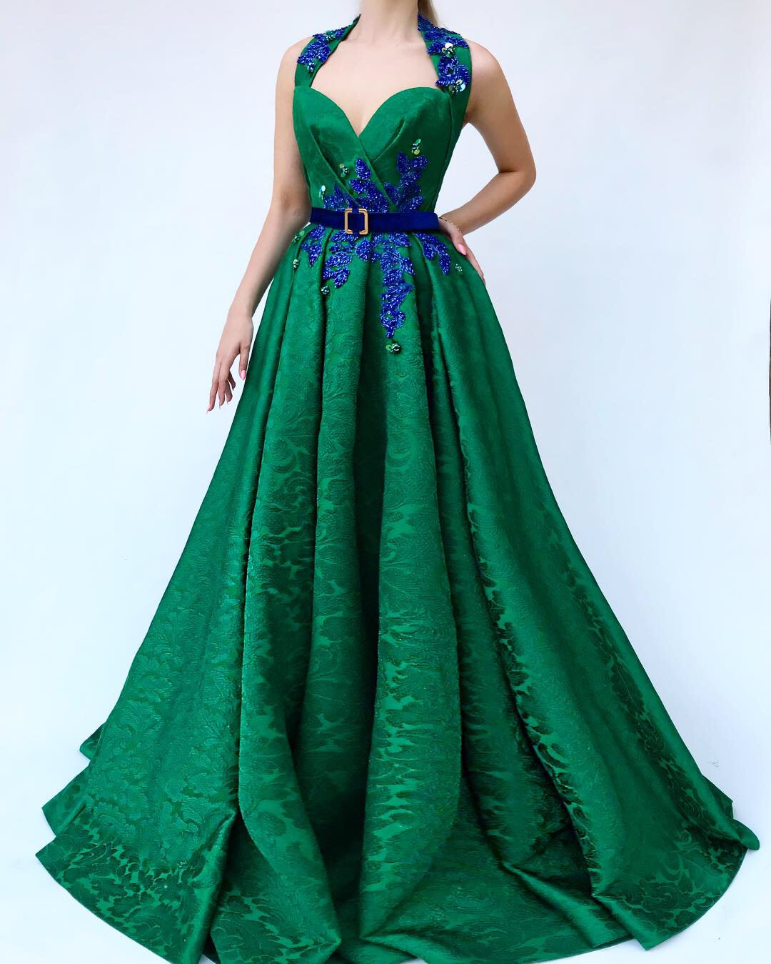 Green A-Line dress with belt, embroidery and straps