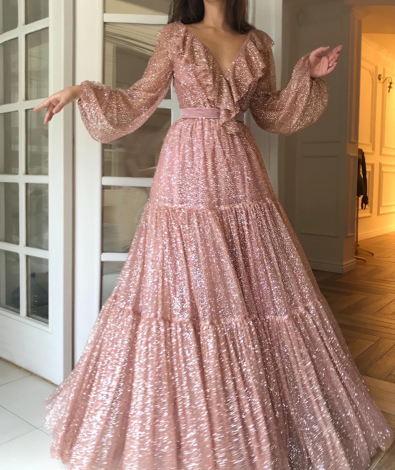 Pink A-Line dress with v-neck, long sleeves and sequins