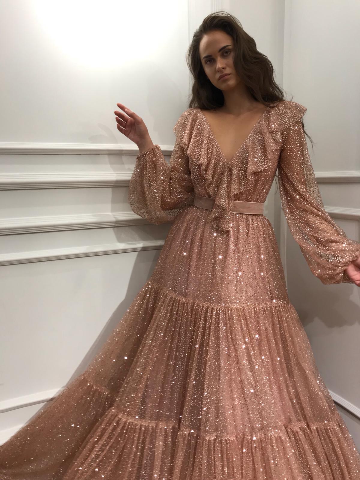 Pink A-Line dress with v-neck, long sleeves and sequins