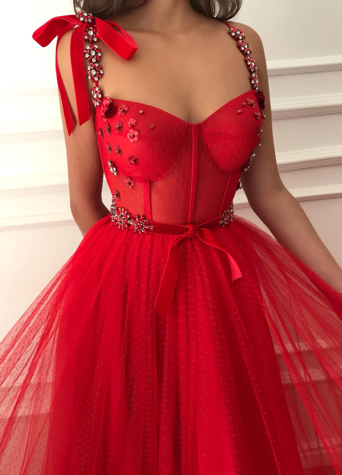 Red A-Line dress with spaghetti straps and embroidery
