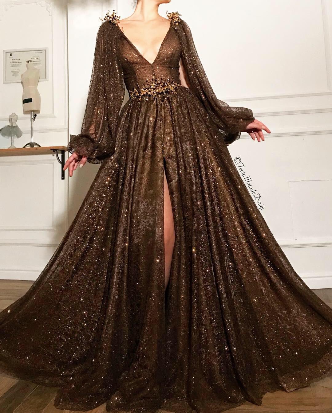 Brown A-Line dress with sleeves, v-neck and embroidery