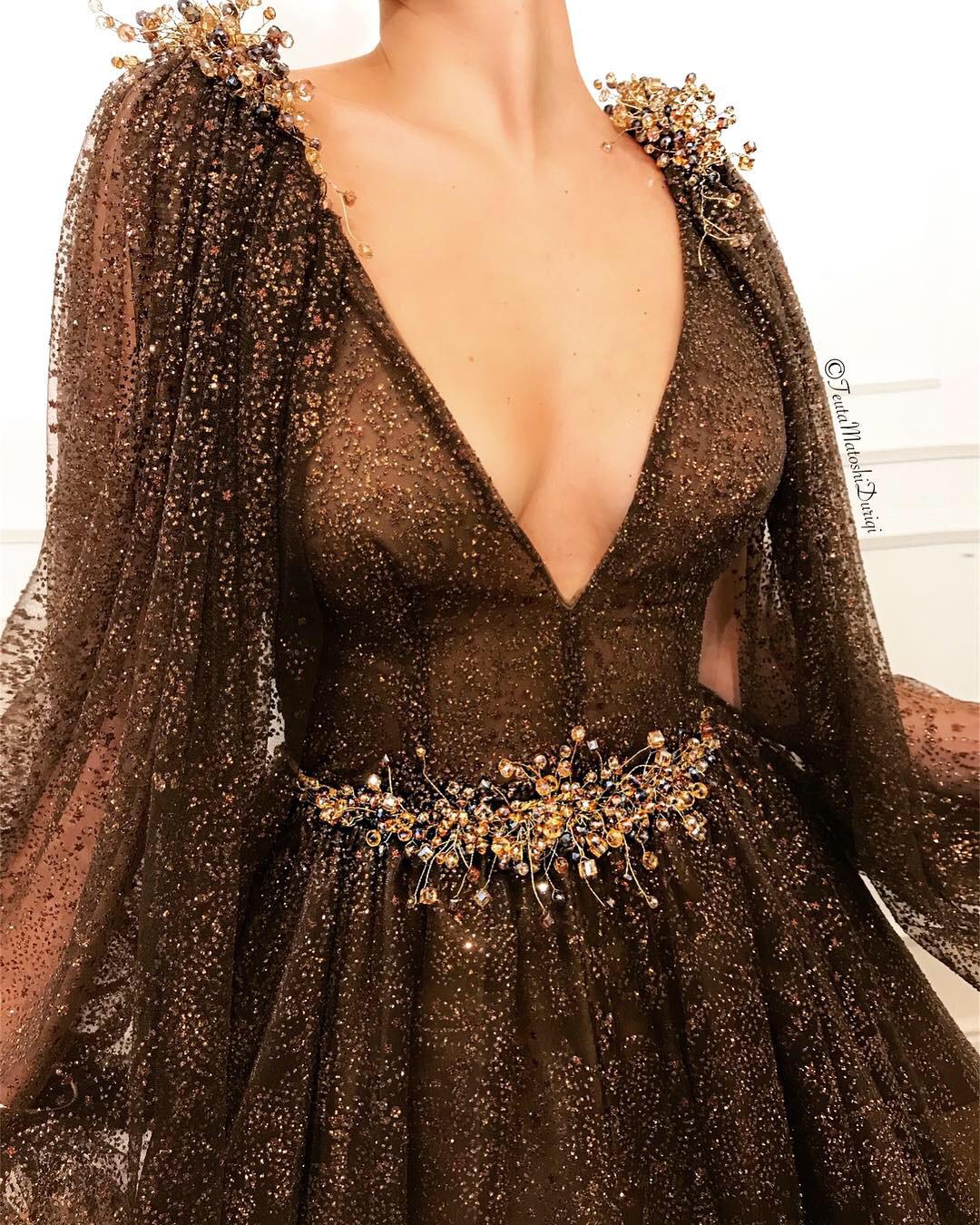 Brown A-Line dress with sleeves, v-neck and embroidery