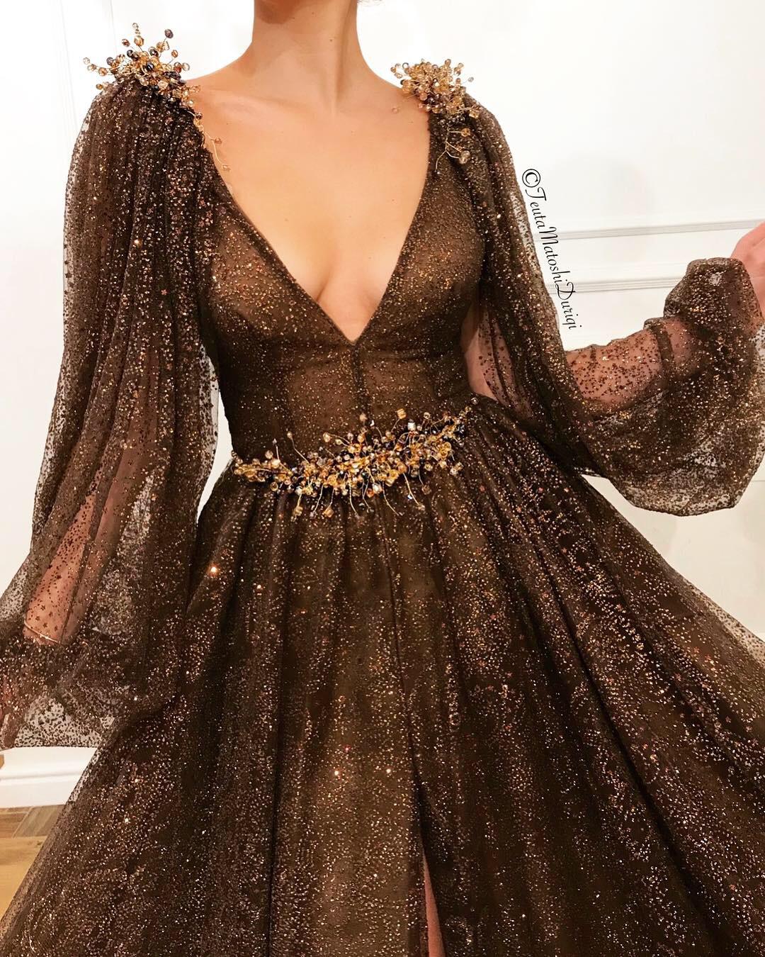 Brown A-Line dress with sleeves, v-neck and embroidery
