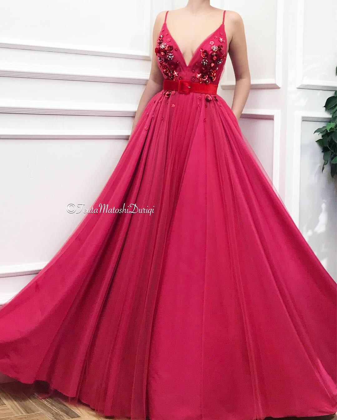 Pink A-Line dress with belt, spaghetti straps, v-neck and embroidery