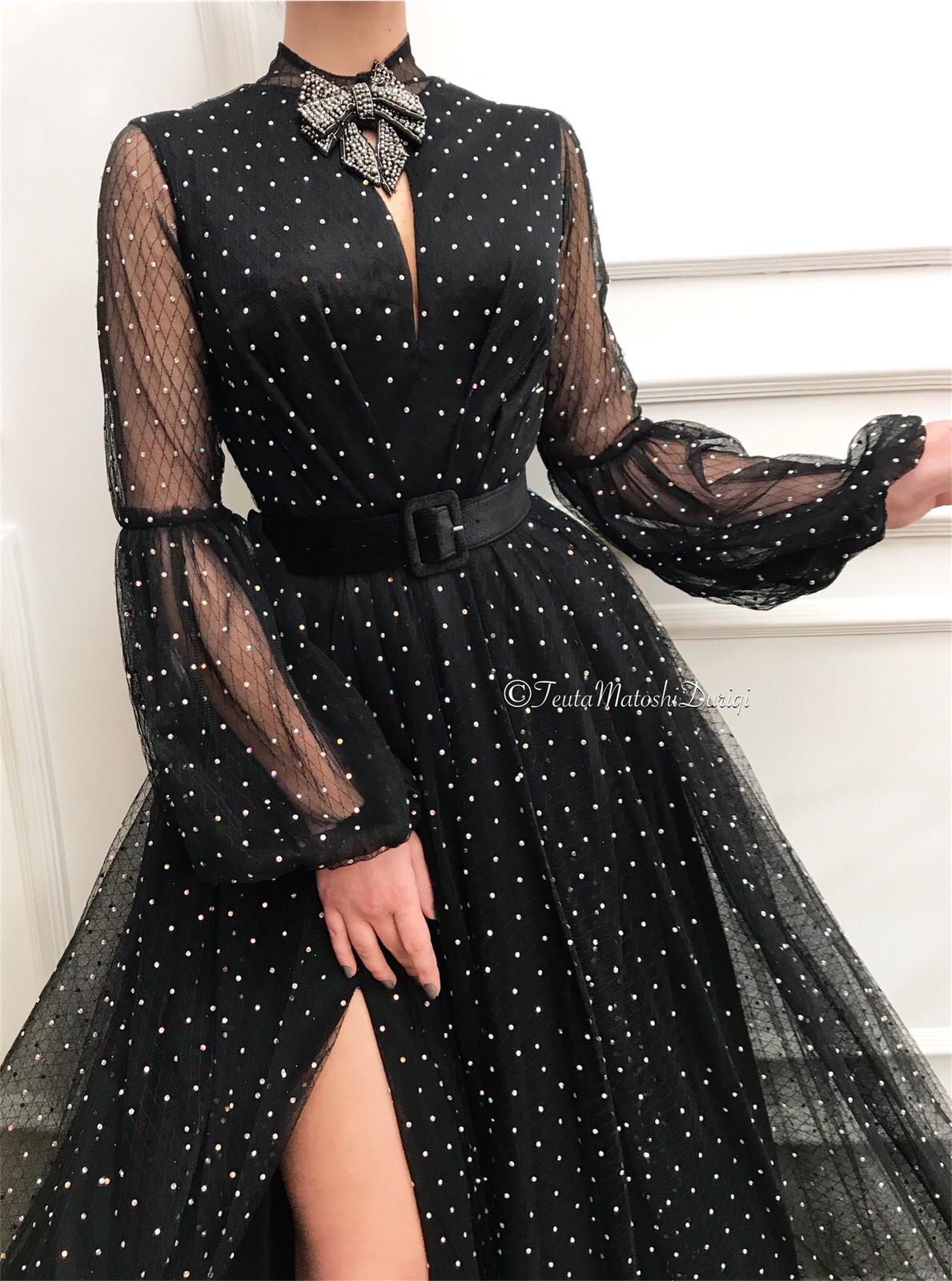 Black A-Line dress with belt, long sleeves, embroidery and dotted fabric