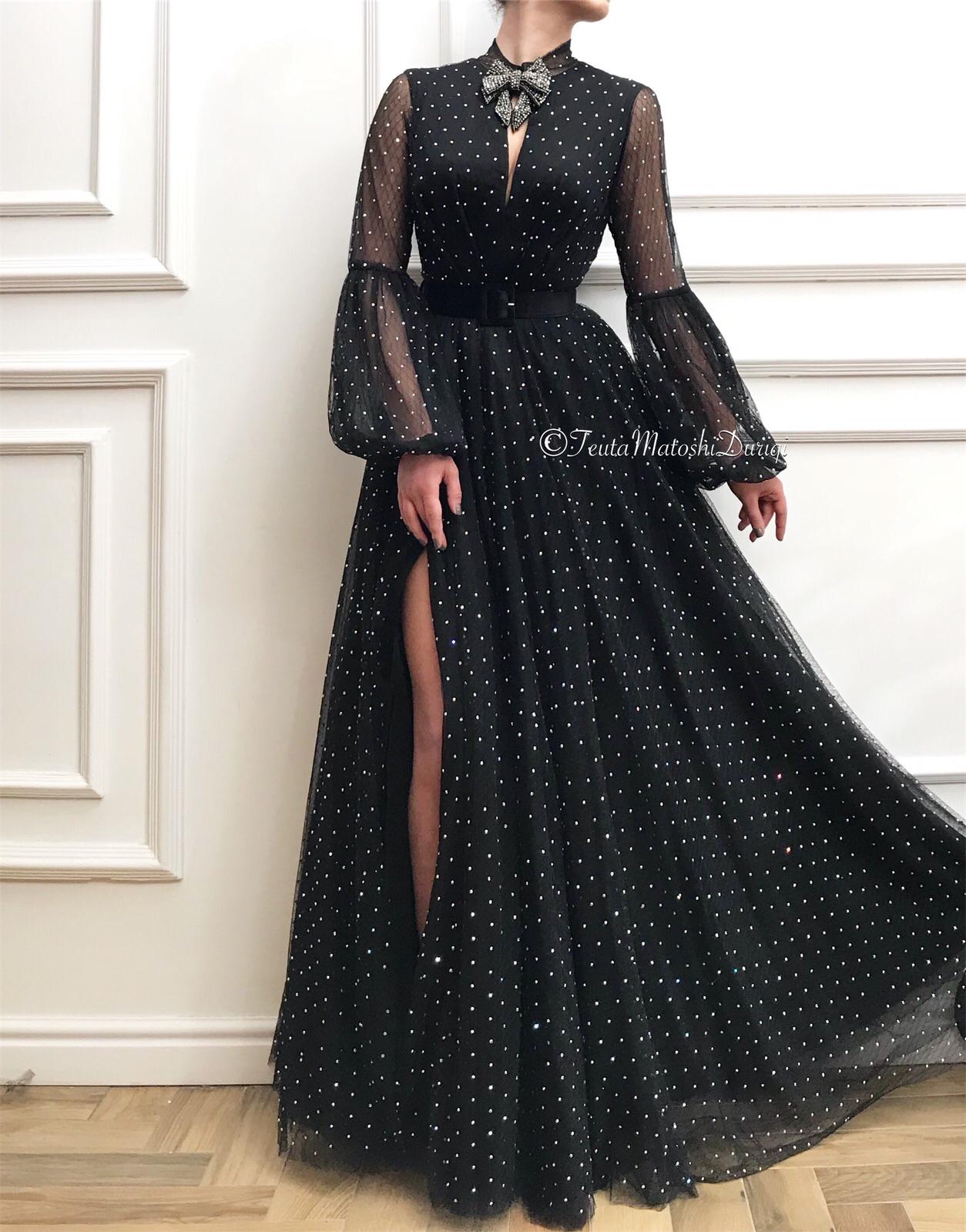 Black A-Line dress with belt, long sleeves, embroidery and dotted fabric
