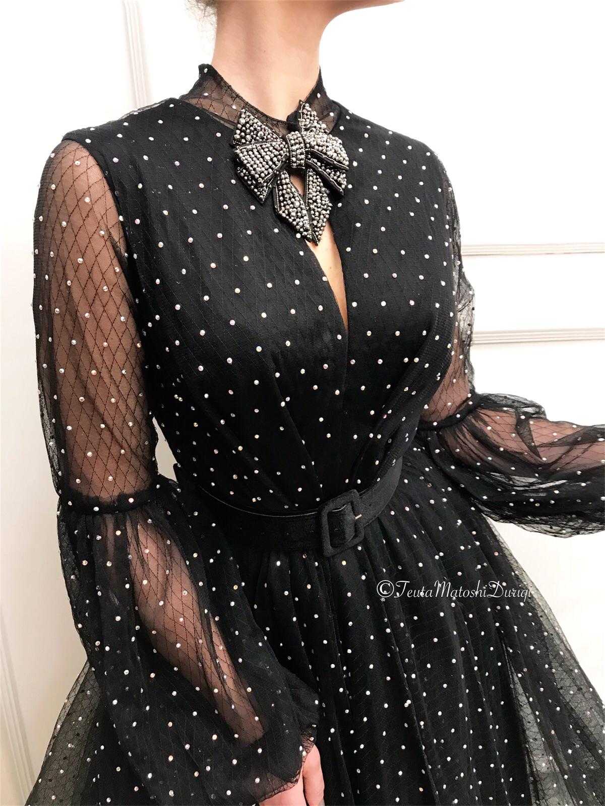 Black A-Line dress with belt, long sleeves, embroidery and dotted fabric