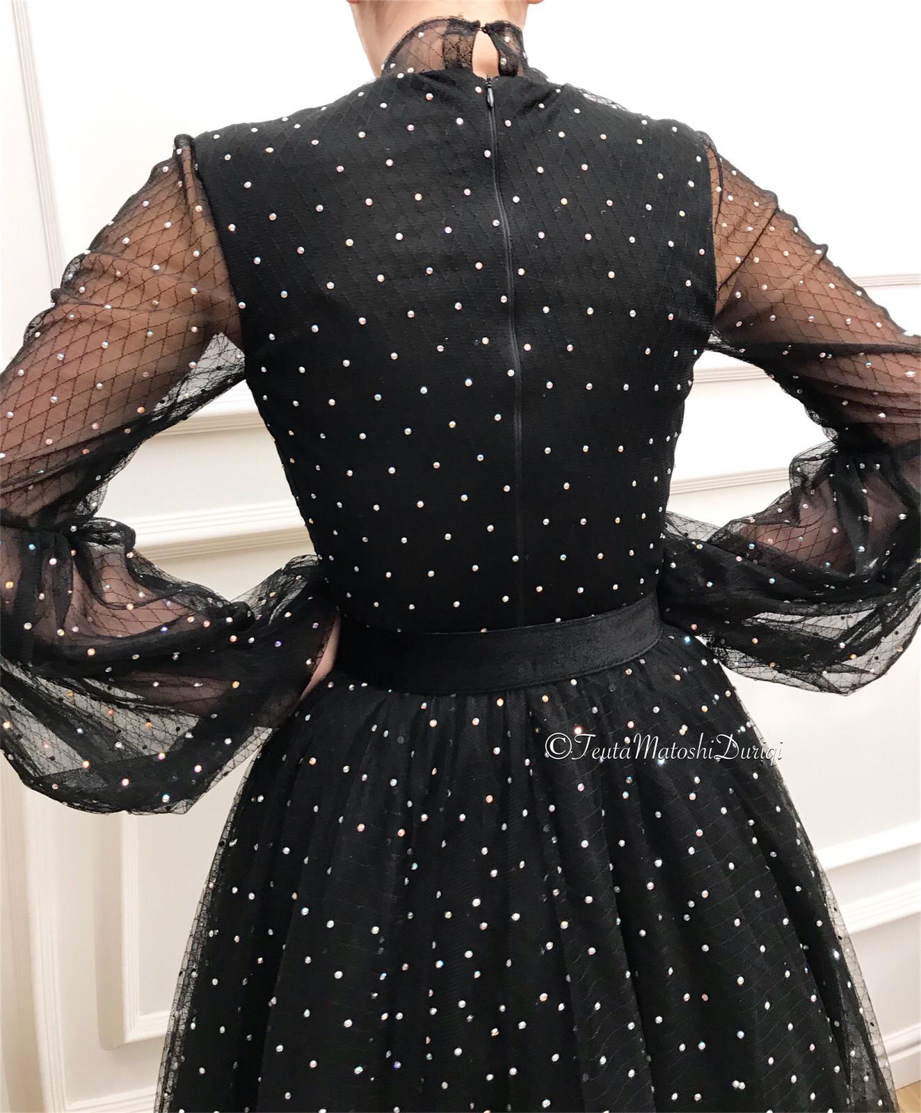 Black A-Line dress with belt, long sleeves, embroidery and dotted fabric