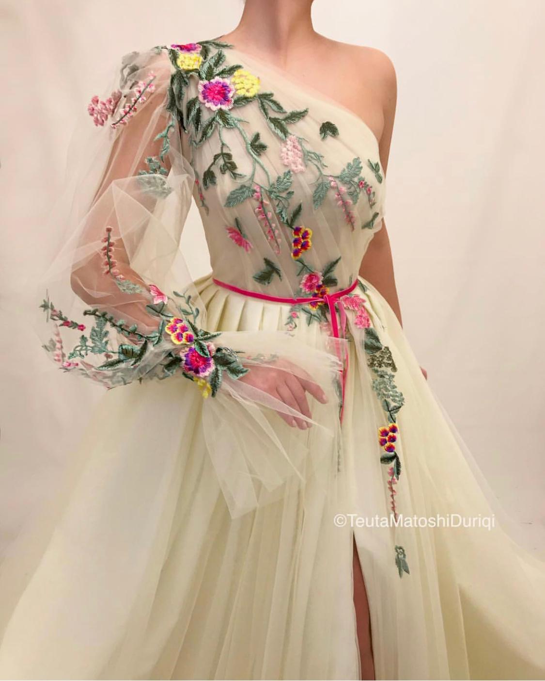 Beige A-Line dress with one long sleeve and embroidery