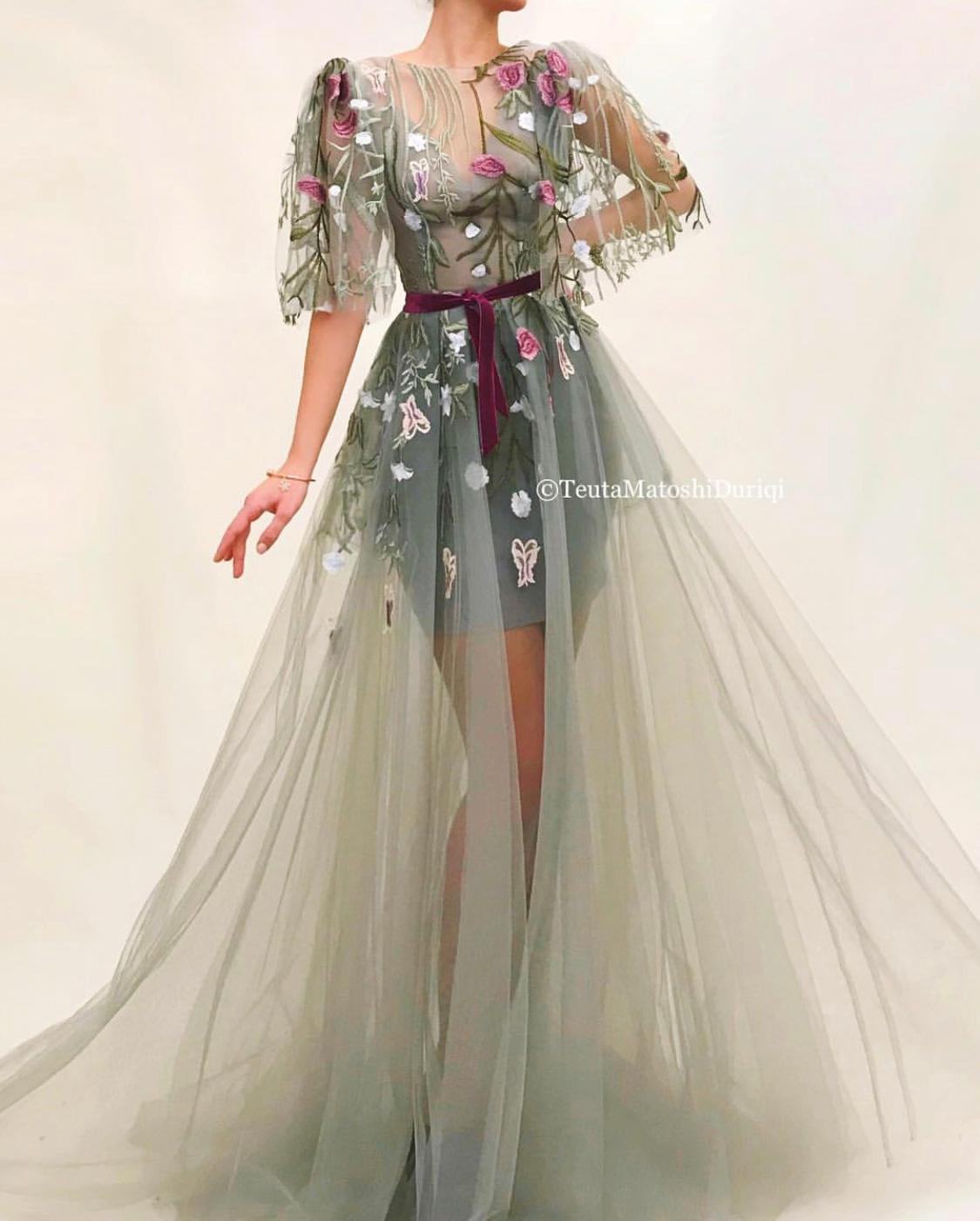 Grey A-Line dress with short sleeves and embroidery