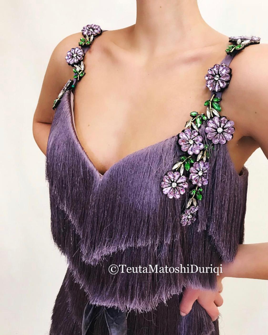 Purple mermaid dress with spaghetti straps, fringe and embroidery
