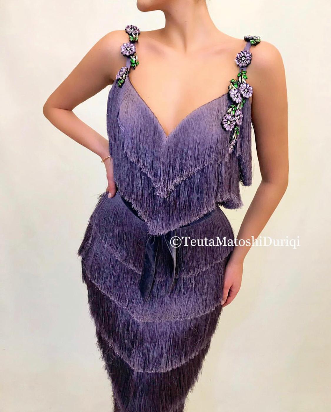 Purple mermaid dress with spaghetti straps, fringe and embroidery