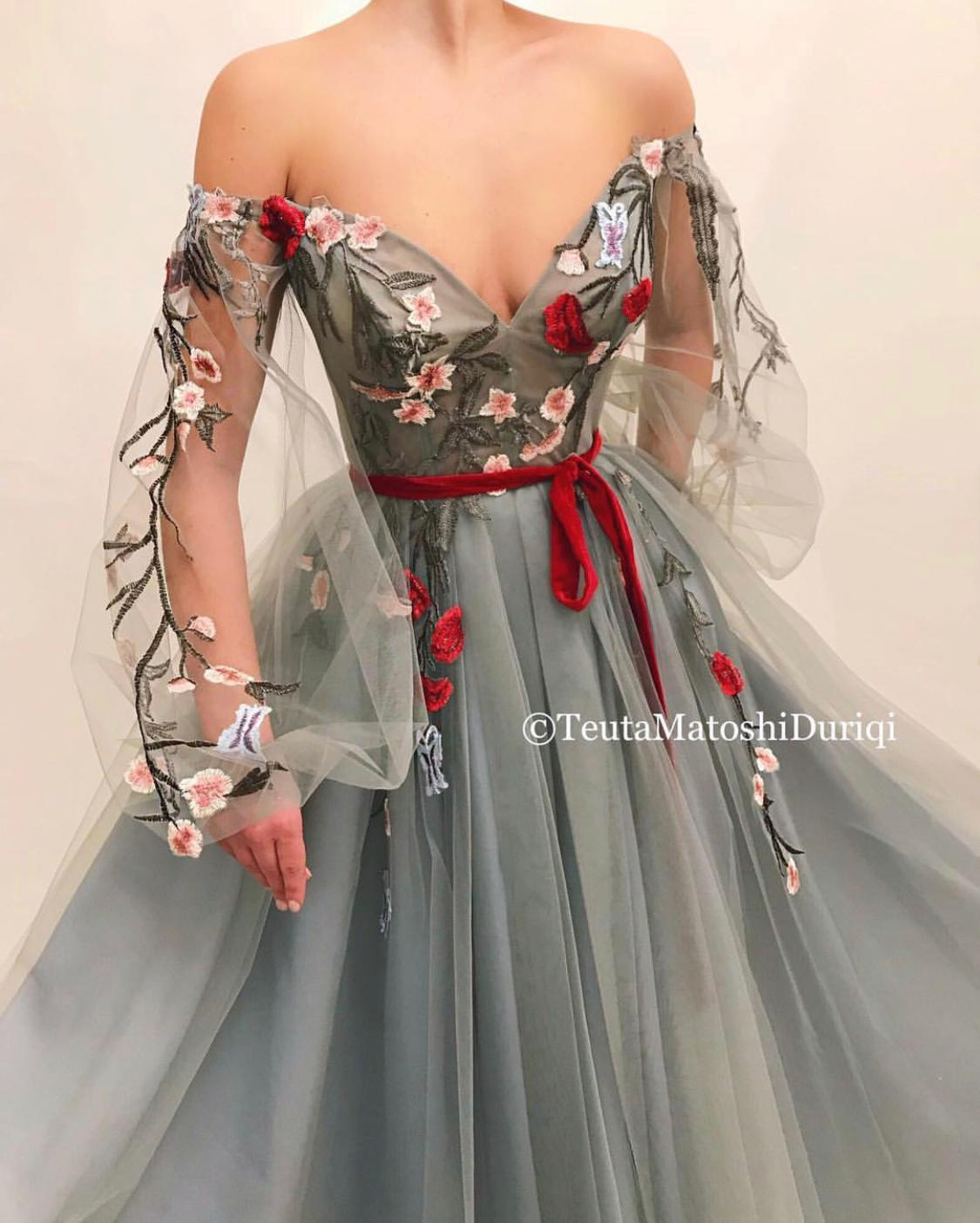 Grey A-Line dress with long off the shoulder sleeves and embroidery