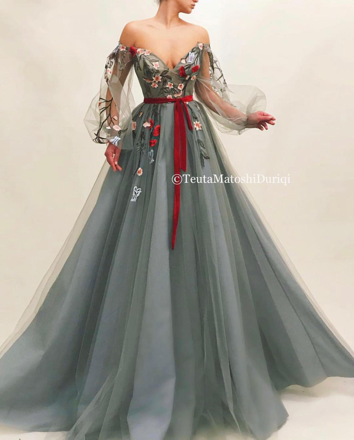 Grey A-Line dress with long off the shoulder sleeves and embroidery