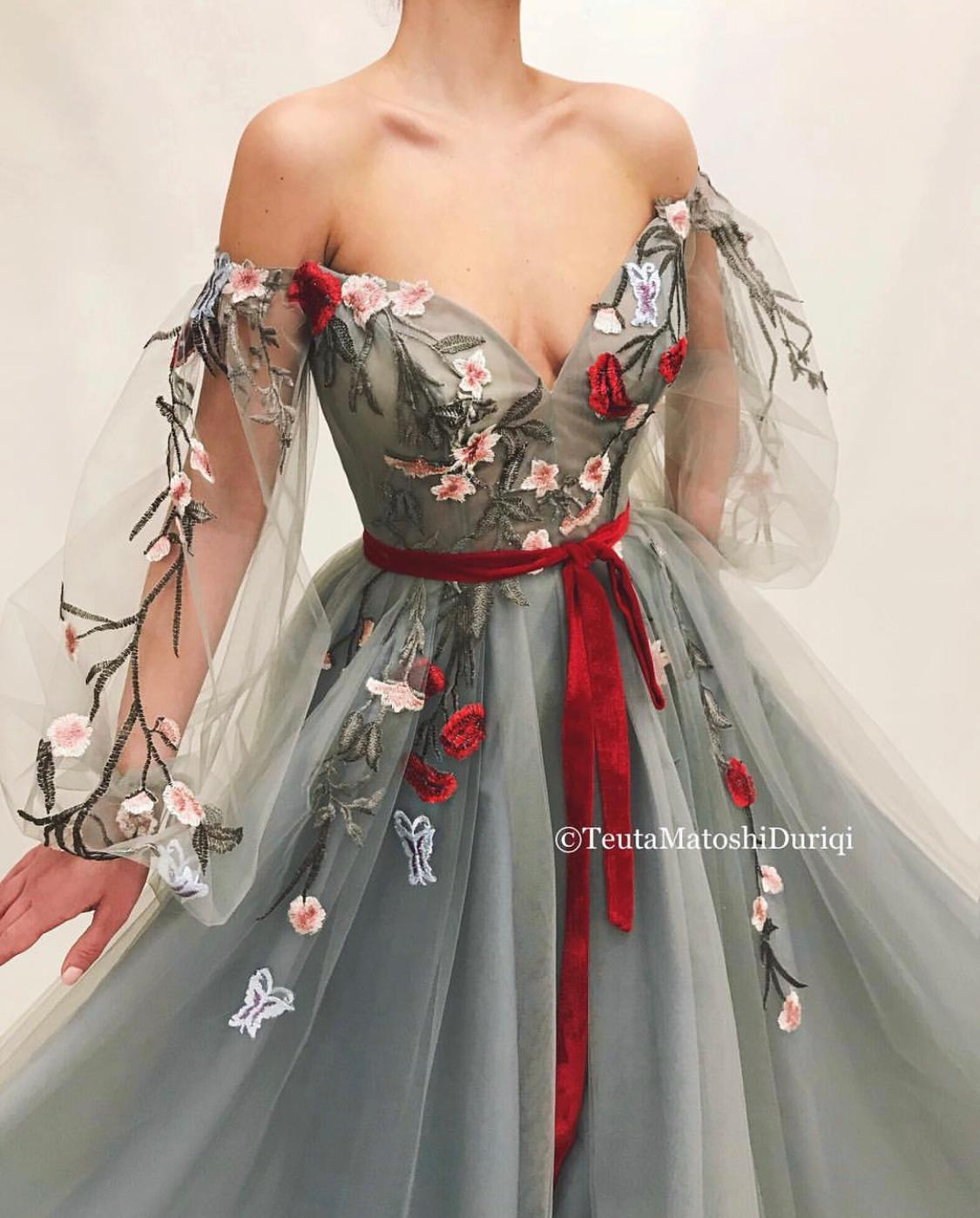 Grey A-Line dress with long off the shoulder sleeves and embroidery