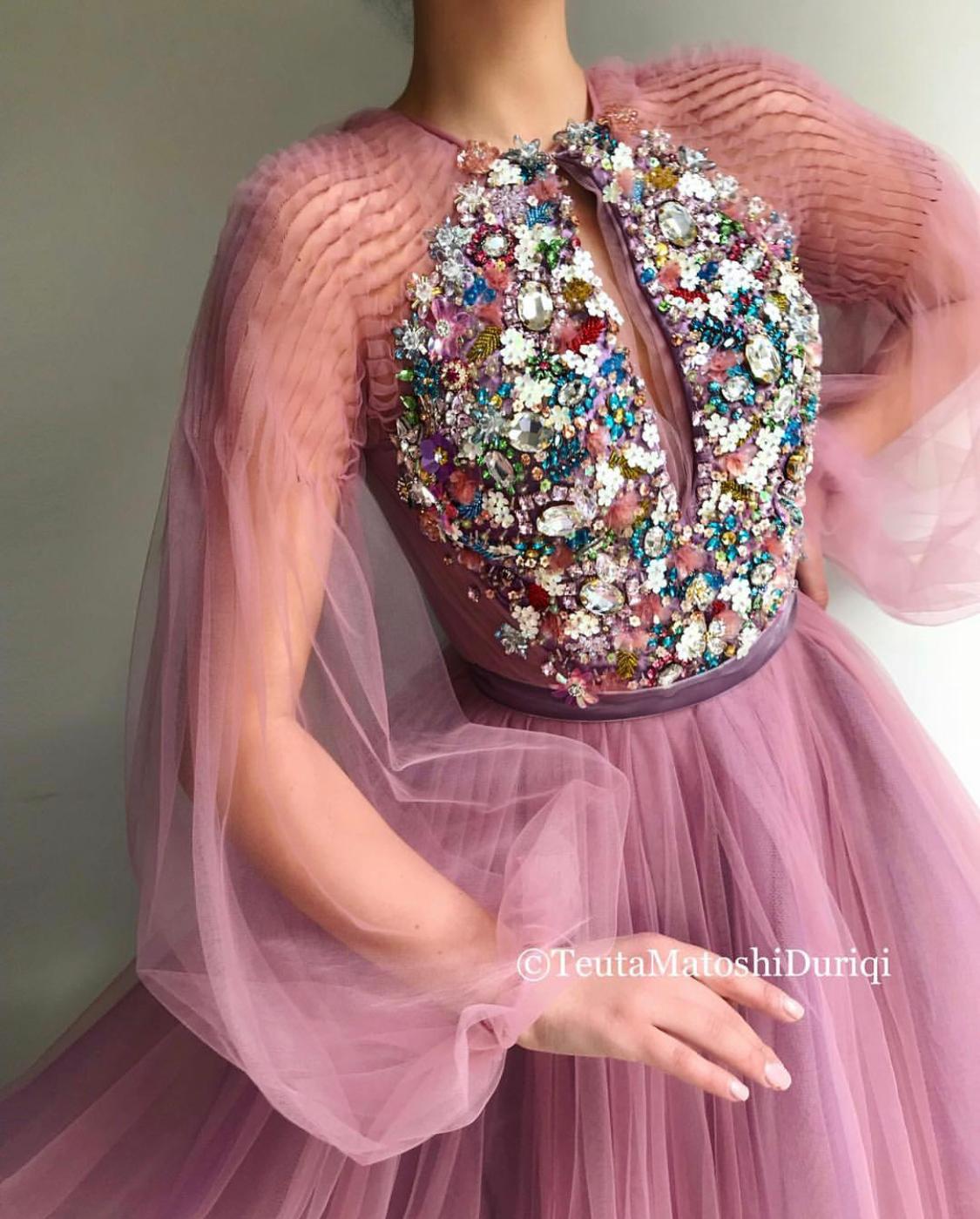 Pink A-Line dress with long sleeves and embroidery