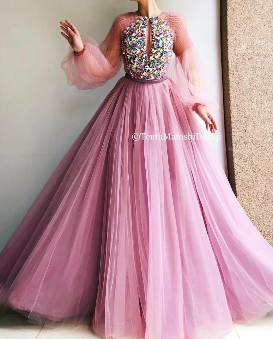 Pink A-Line dress with long sleeves and embroidery