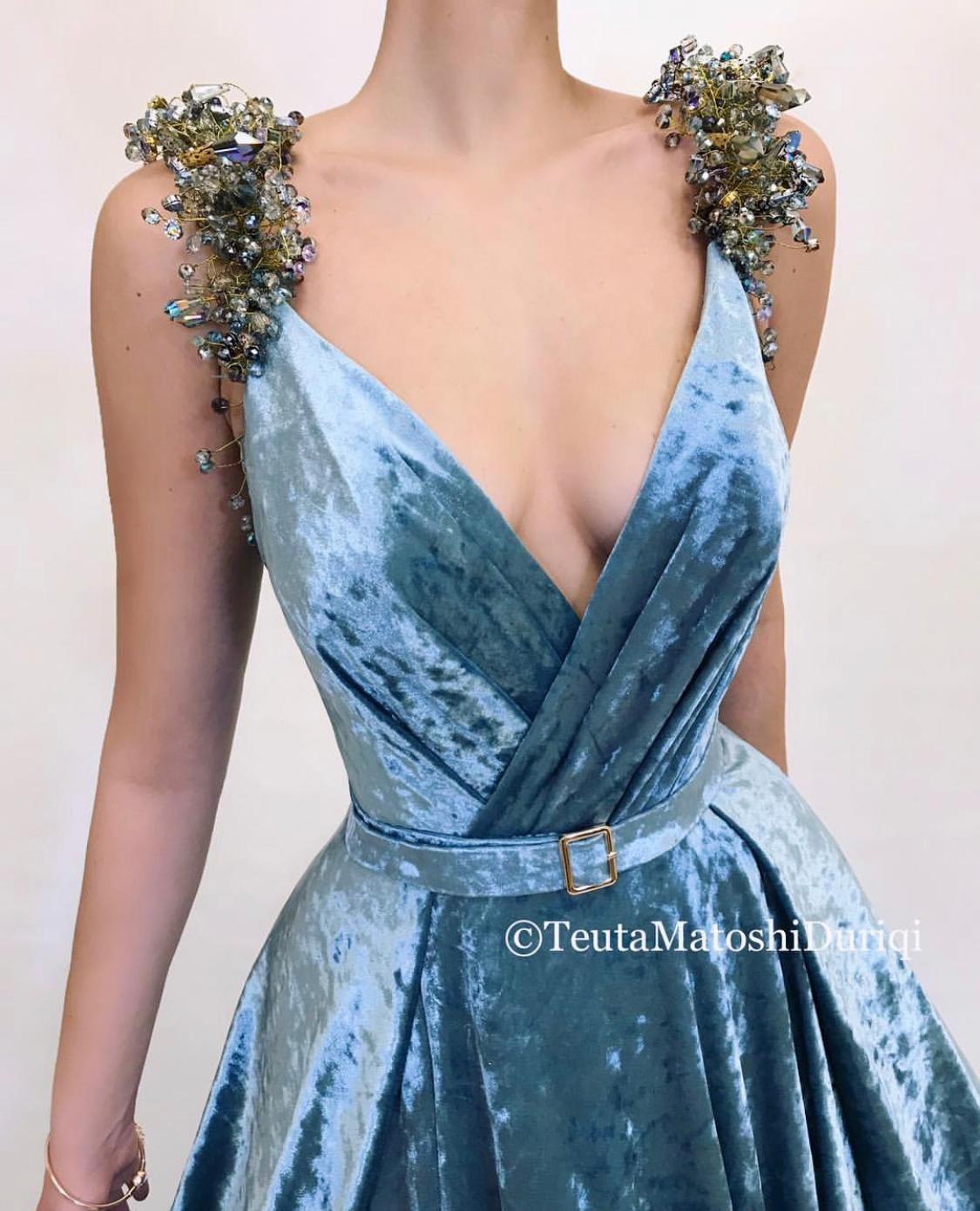 Blue A-Line dress with belt, straps, v-neck and embroidery