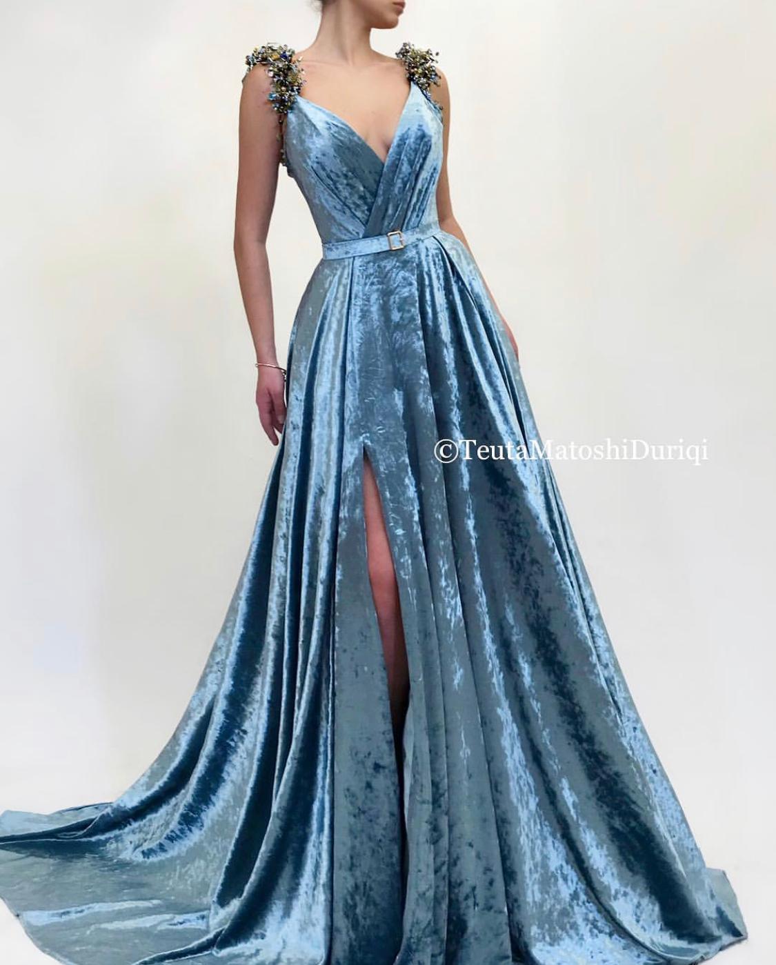 Blue A-Line dress with belt, straps, v-neck and embroidery